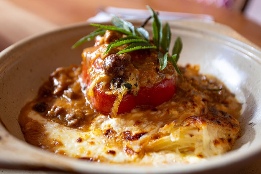 Rocoto relleno, a local spicy pepper stuffed with minced meat and topped with baked cheese.
