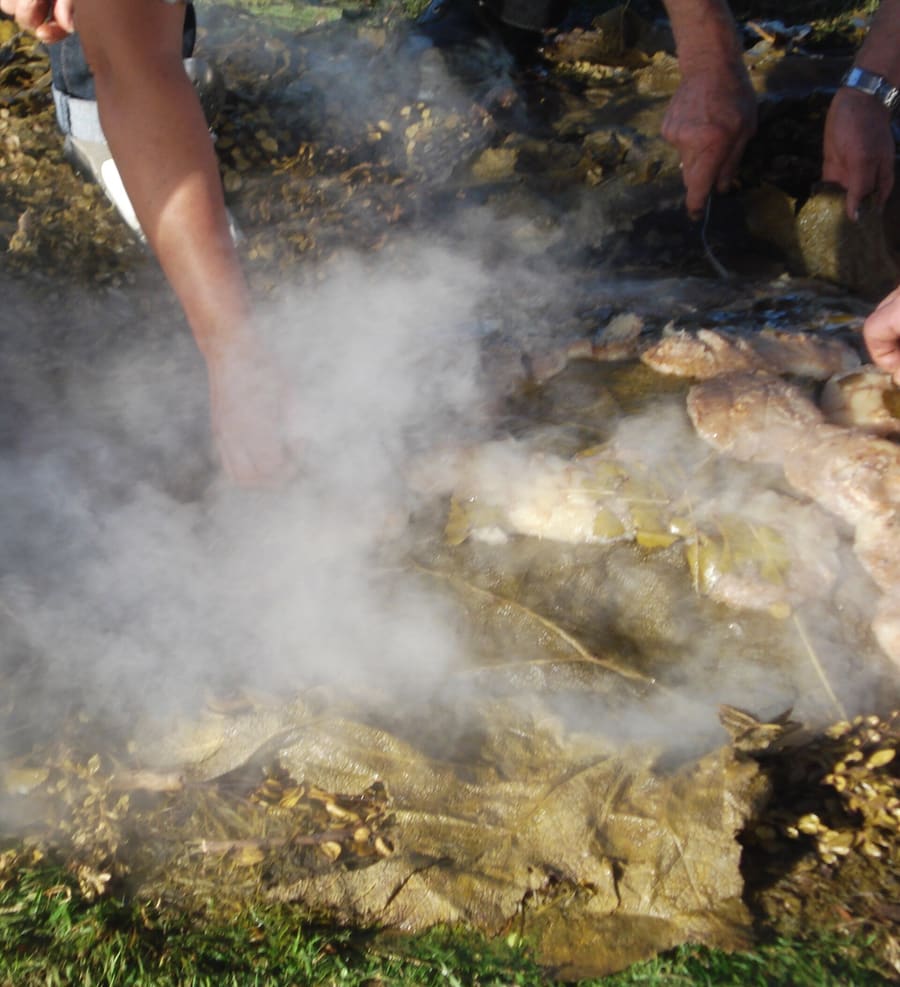 Curanto in Colonia Suiza cooks meats and vegetables underground using heated lake stones.