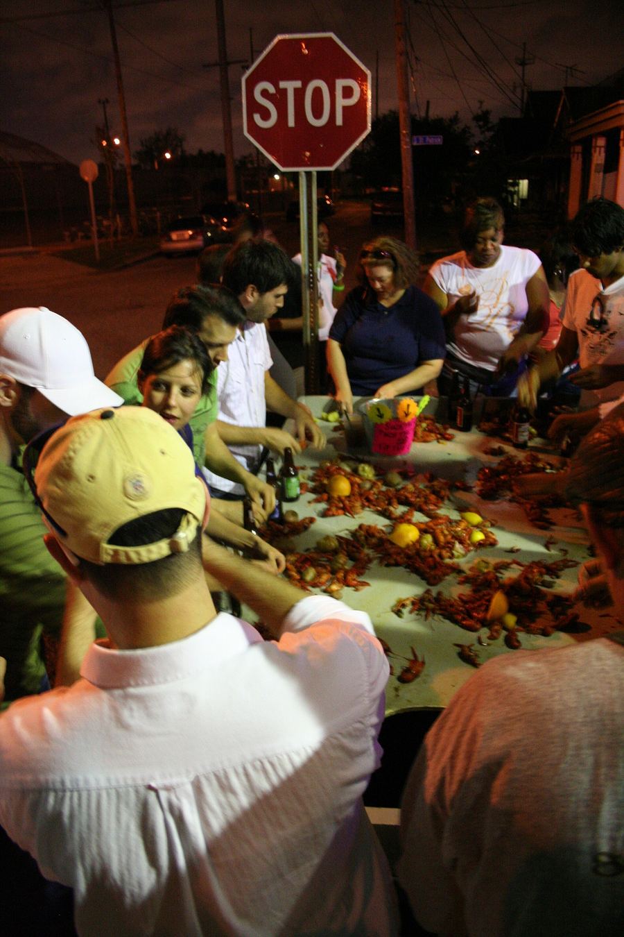 A traditional Cajun crawfish boil with corn and potatoes.