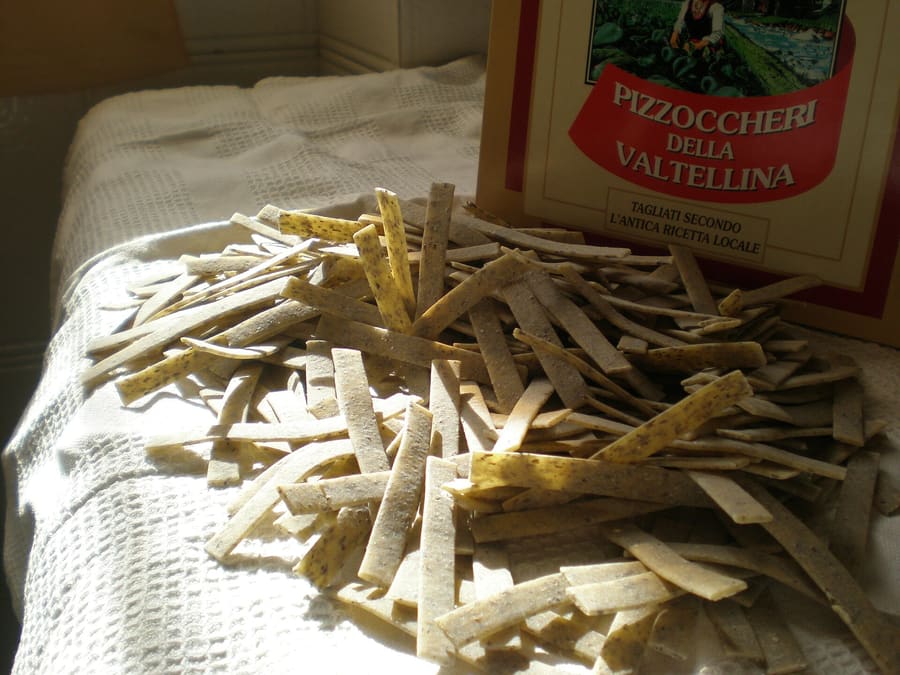 Pizzoccheri della Valtellina served hot with melted Casera cheese and butter.