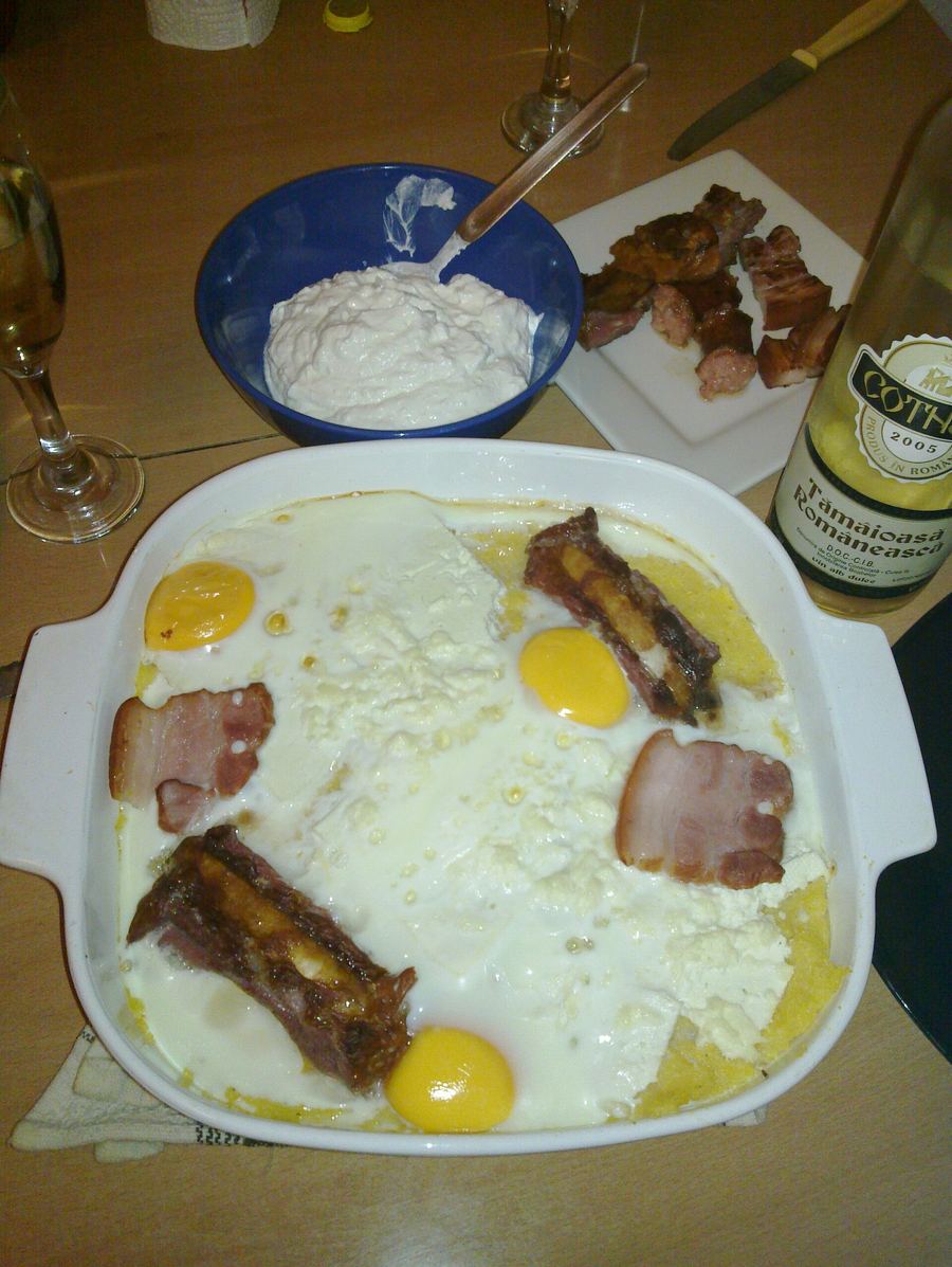 Bulz, baked polenta stuffed with sheep cheese and topped with fried eggs.