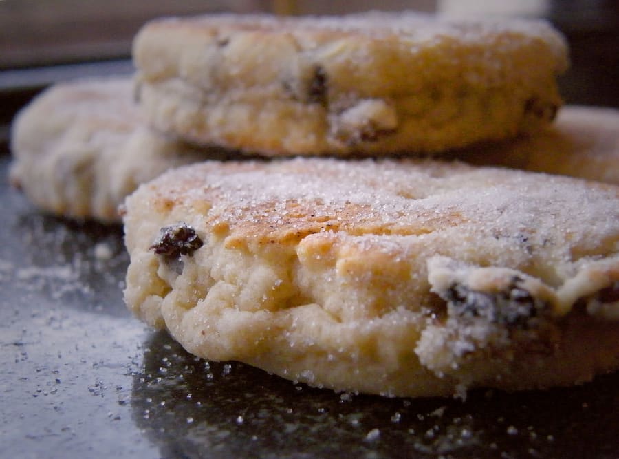 Freshly griddled Welsh cakes at a stall inside Cardiff Market.