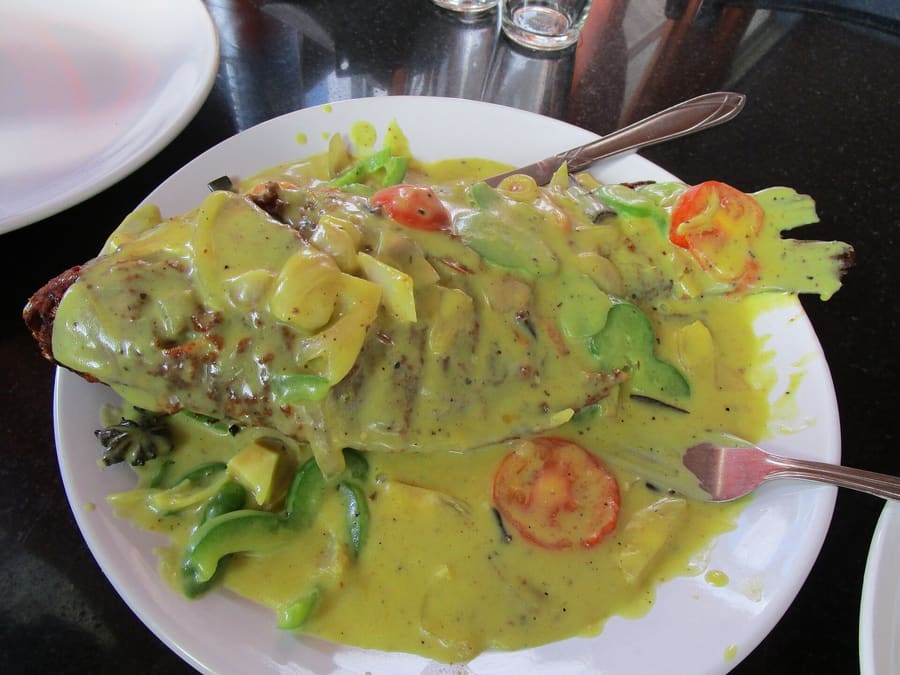 Fish molee, a light coconut milk stew cooked with green chillies and turmeric.