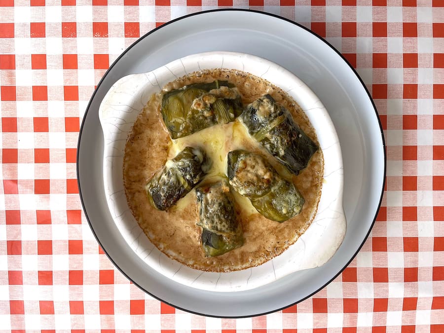 Capuns: Swiss chard leaves stuffed with spätzle dough and air-dried meat.
