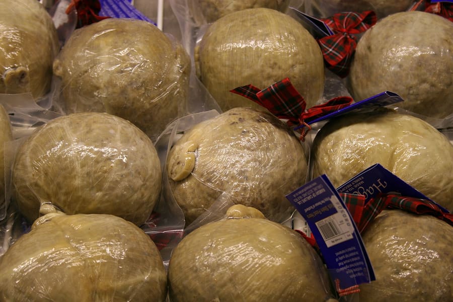 Traditional haggis served with neeps and tatties.