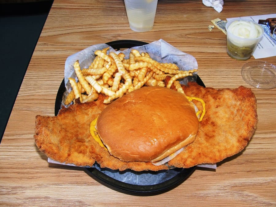 A traditional Indiana fried pork tenderloin sandwich.