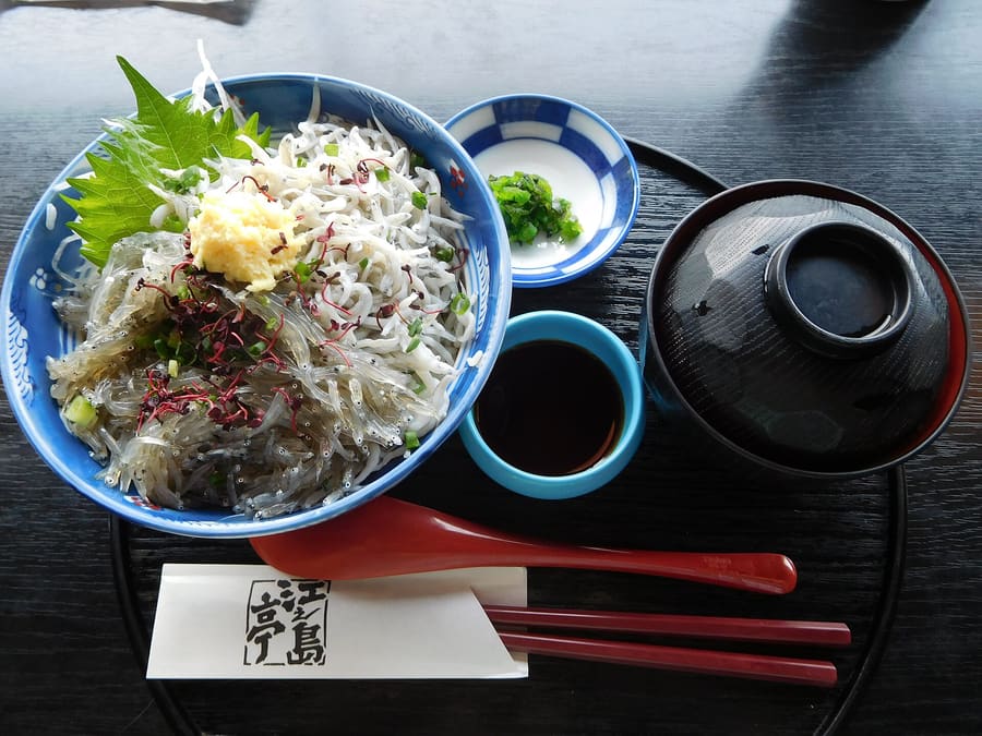 A classic bowl of fresh shirasu served over rice in Katase Kaigan.