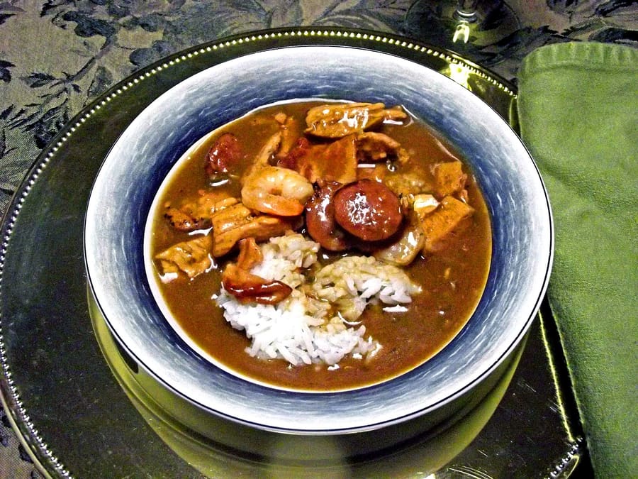 Fresh dark gumbo made with local Gulf shrimp and blue crab.