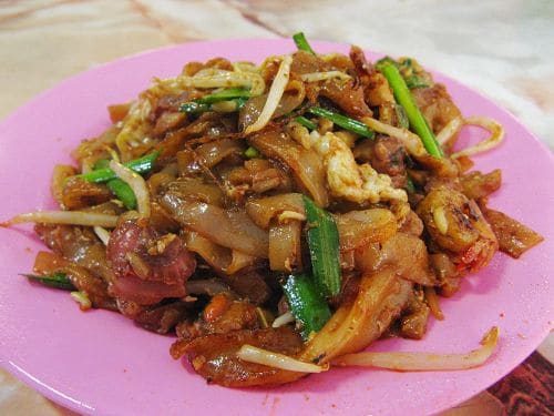 Char kway teow cooked to order over high heat with duck egg and fresh prawns.