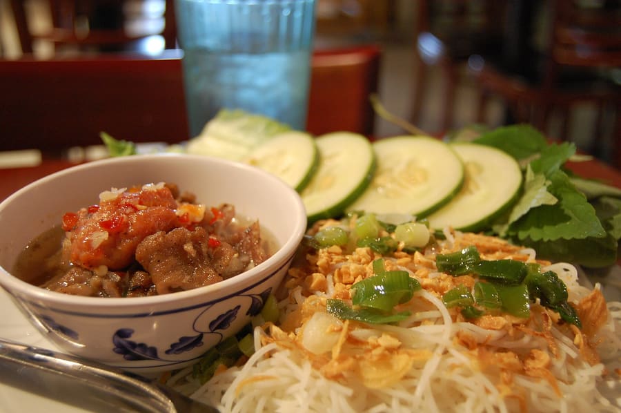 Fresh bun cha served with grilled pork belly, herbs, and dipping broth.