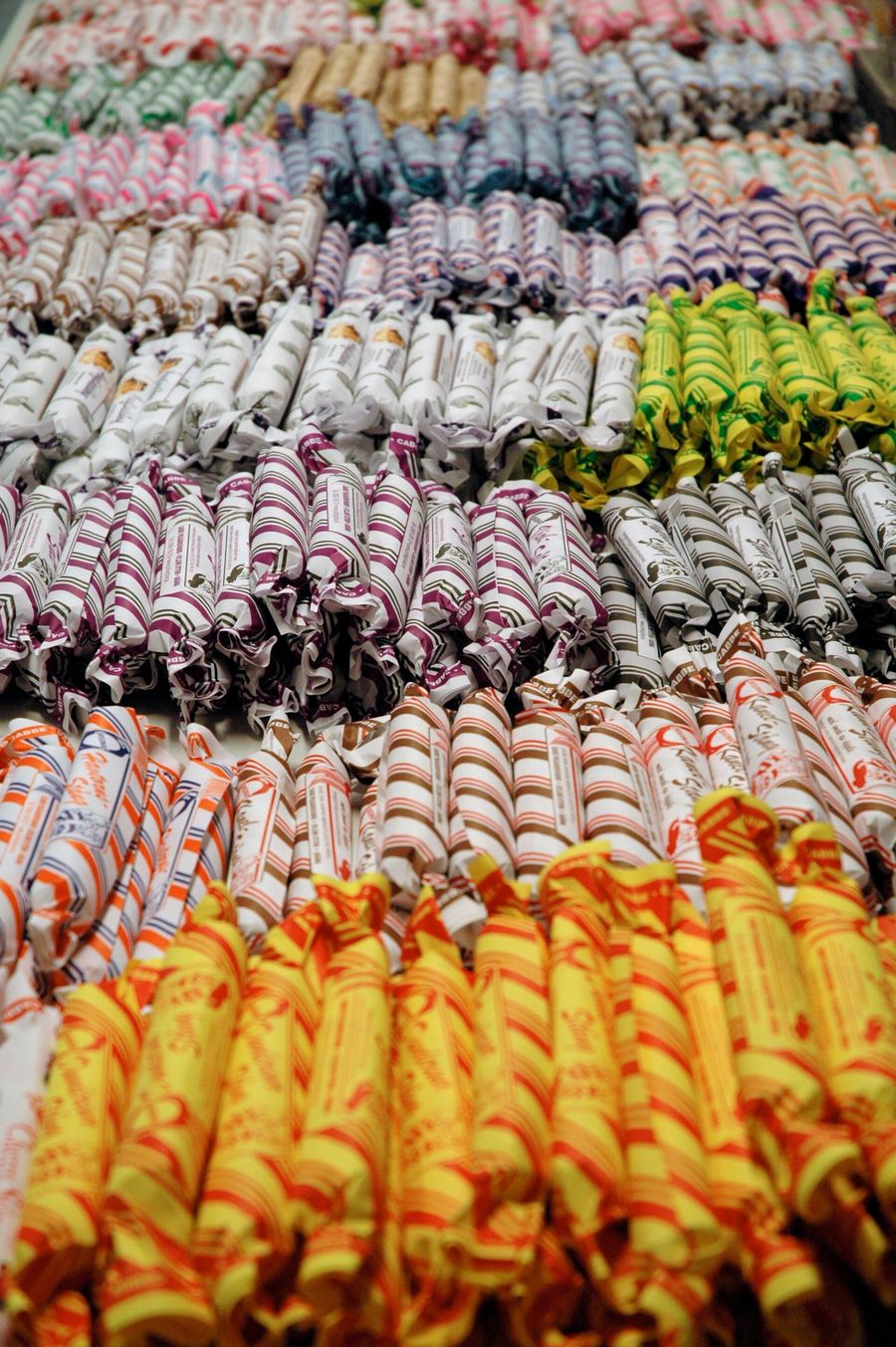 Freshly pulled peppermint candy strips drying at a bakery in Gränna.