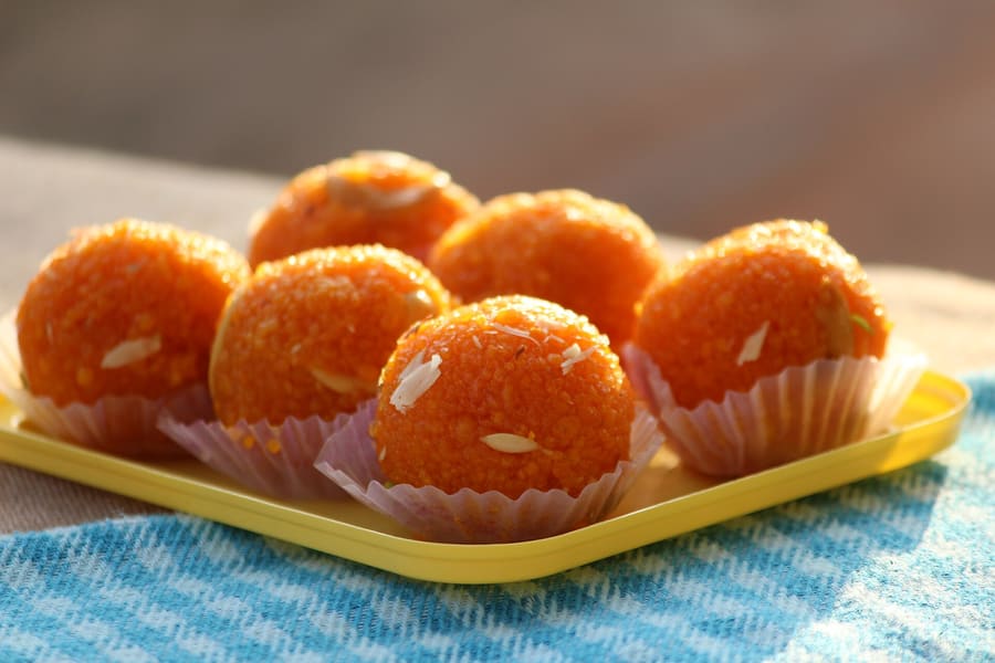 Freshly made Khoya Laddu at a local sweet shop.