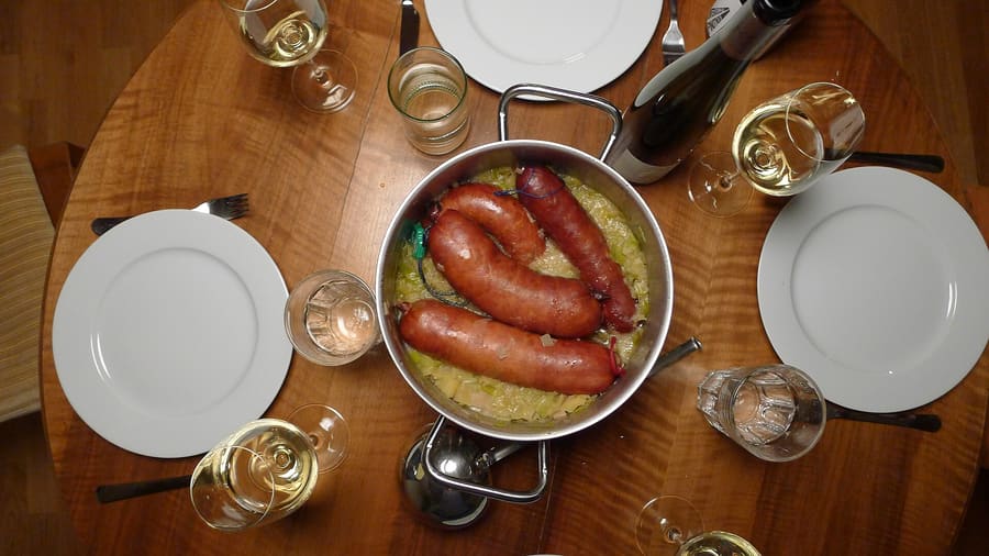 Papet vaudois, a regional stew of leeks and potatoes served with cabbage sausage.