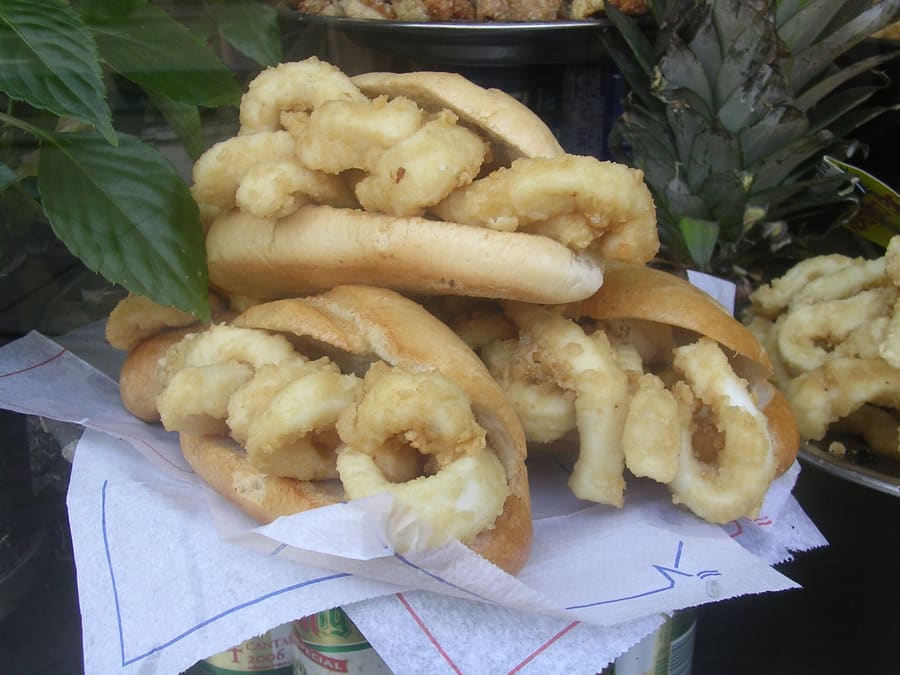 Bocadillo de calamares served at a traditional bar near Plaza Mayor.