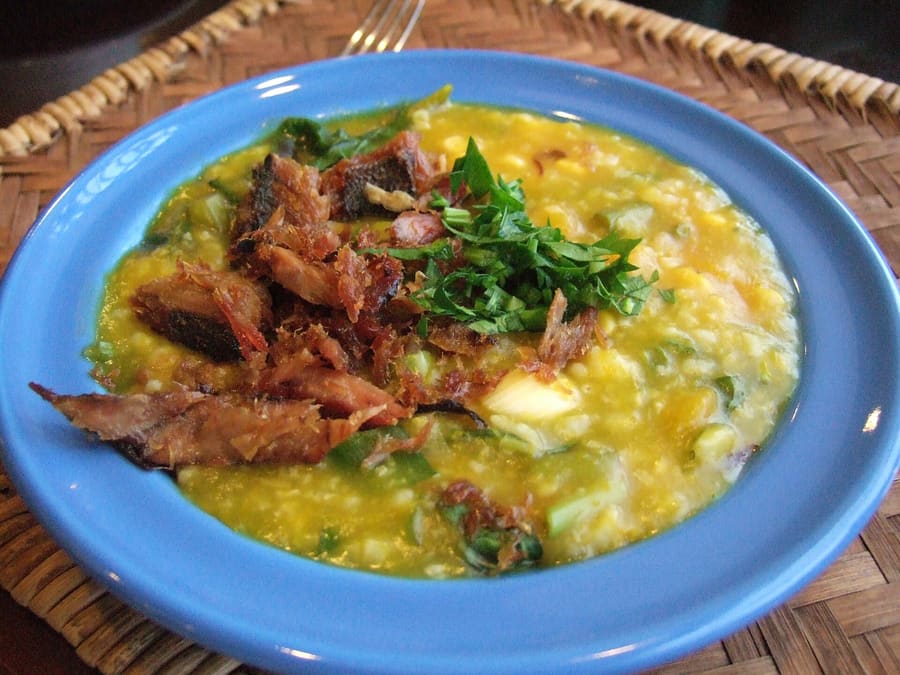 Tinutuan, Manado's signature savory pumpkin and vegetable porridge, served with sambal roa.
