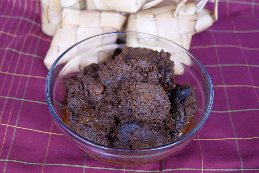Beef rendang cooked down with coconut milk and ground spices.