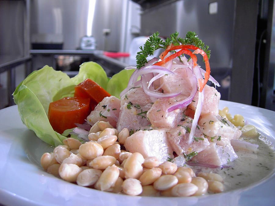 Fresh ceviche in plastic cups served daily at the Mercado de Mariscos.