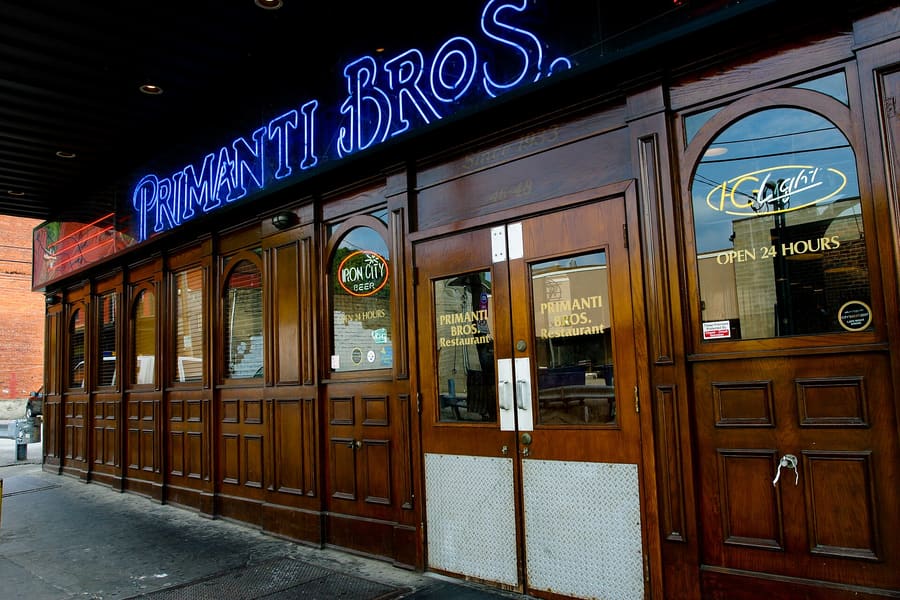 A traditional Primanti Brothers sandwich piled with french fries and slaw.
