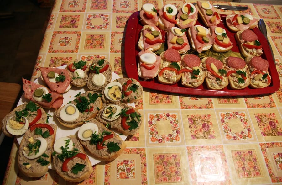 Obložené chlebíčky: Czech open-faced sandwiches sold in traditional lahůdkářství deli shops.