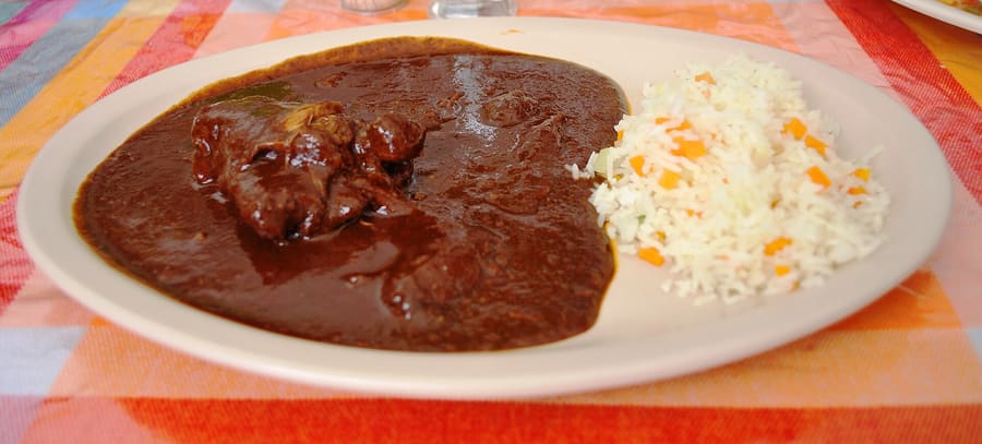 A traditional plate of mole poblano topped with sesame seeds.