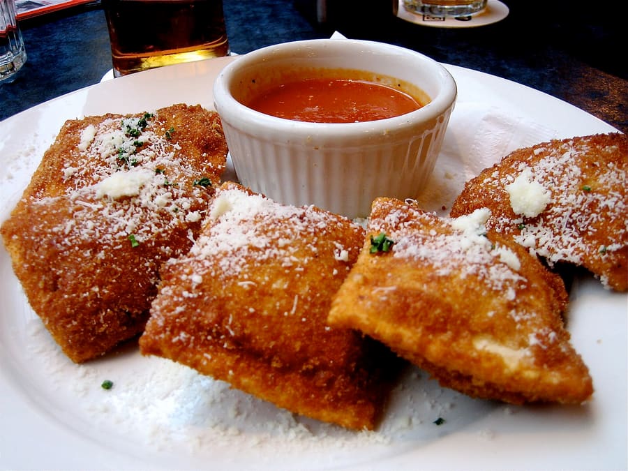Toasted ravioli served hot with marinara sauce at a traditional eatery on The Hill.