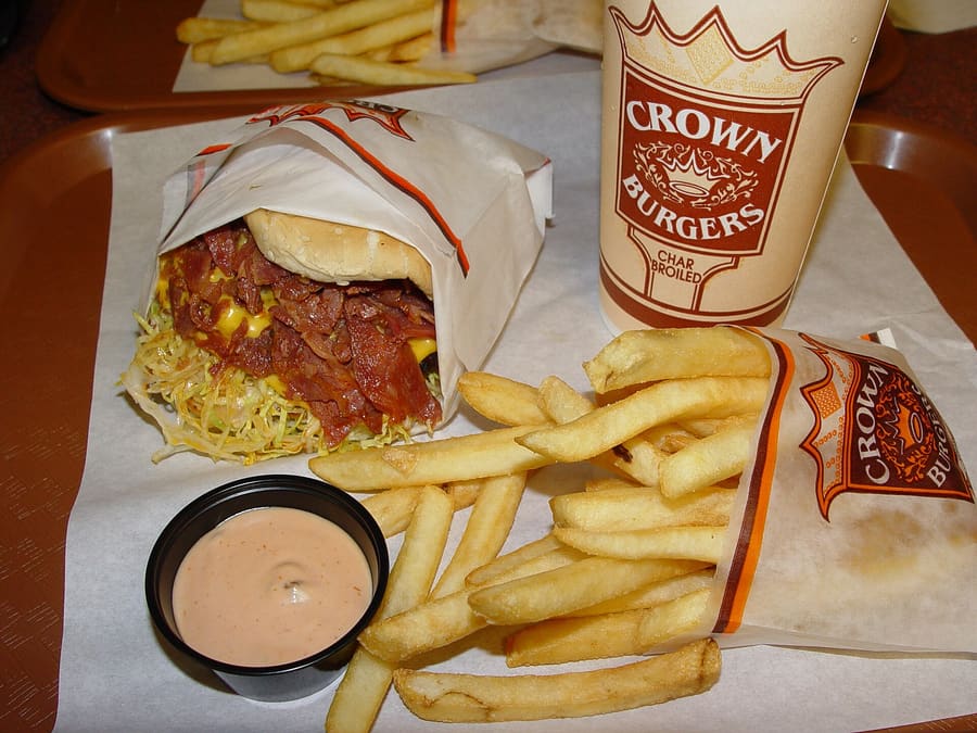 A classic pastrami burger paired with fry sauce at Crown Burgers.