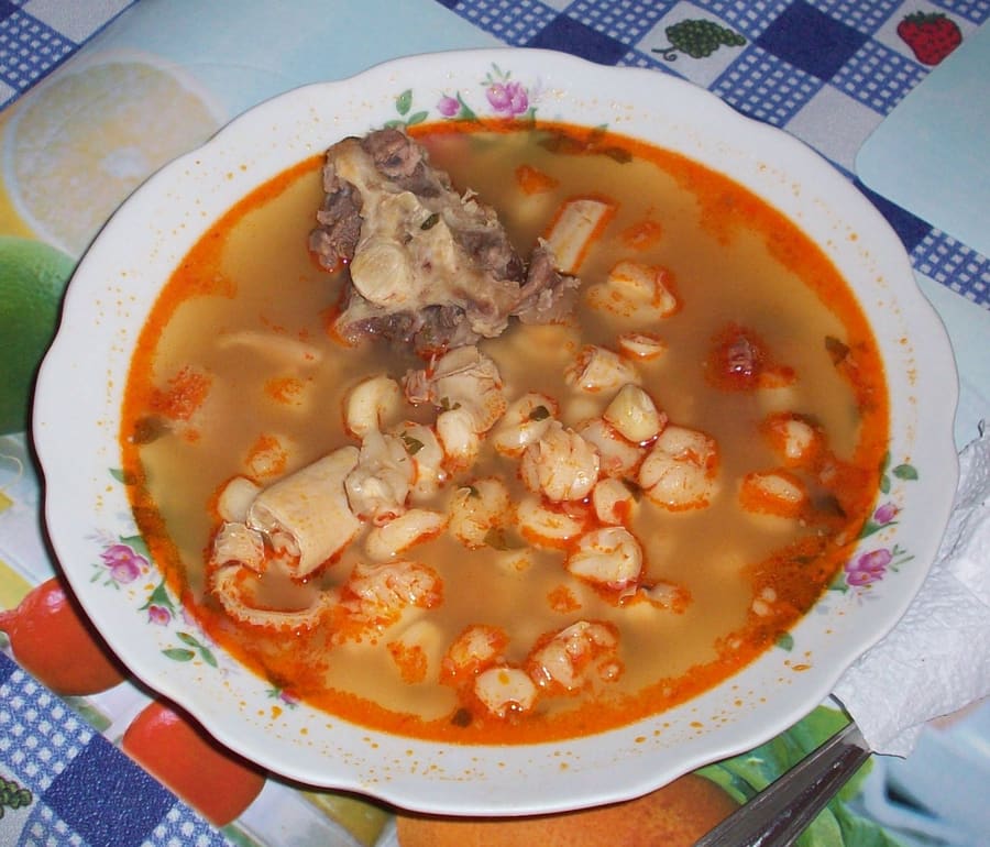 Patasca, a rich Andean corn and meat broth served in desert towns.