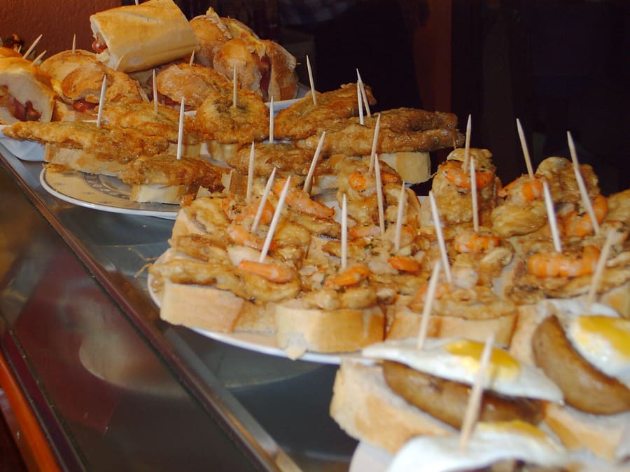 Pintxos served over the counter in Parte Vieja.