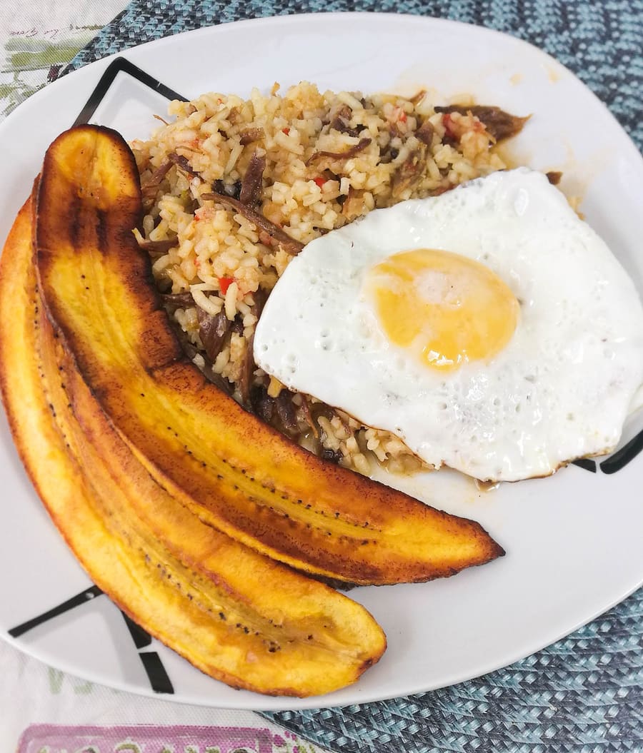 Majadito, the quintessential Santa Cruz dish made of toasted rice, shredded dried beef, fried eggs, and sweet plantains.