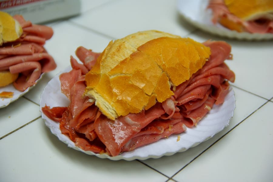 The half-pound mortadella sandwich at Bar do Mané in Mercado Municipal.