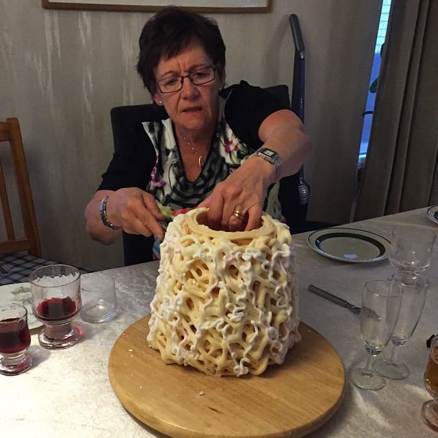Spettkaka, the traditional pyramid-shaped spit cake native to Skåne.