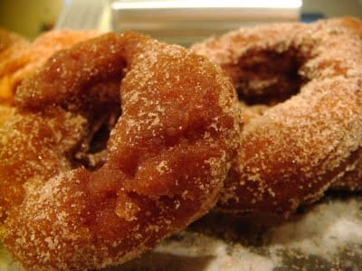 Hot cider donuts fried fresh at local orchards and roadside stands near Stowe.