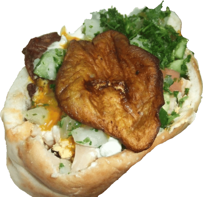 Sabich in pita: fried eggplant, hard-boiled egg, tahini, and amba mango sauce.