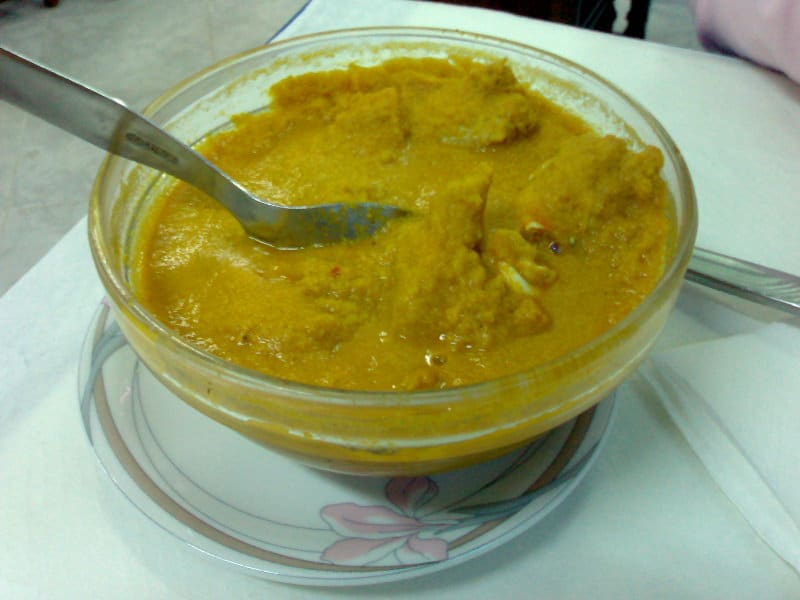 Trincomalee lagoon crab curry prepared with roasted black curry powder and coconut milk.