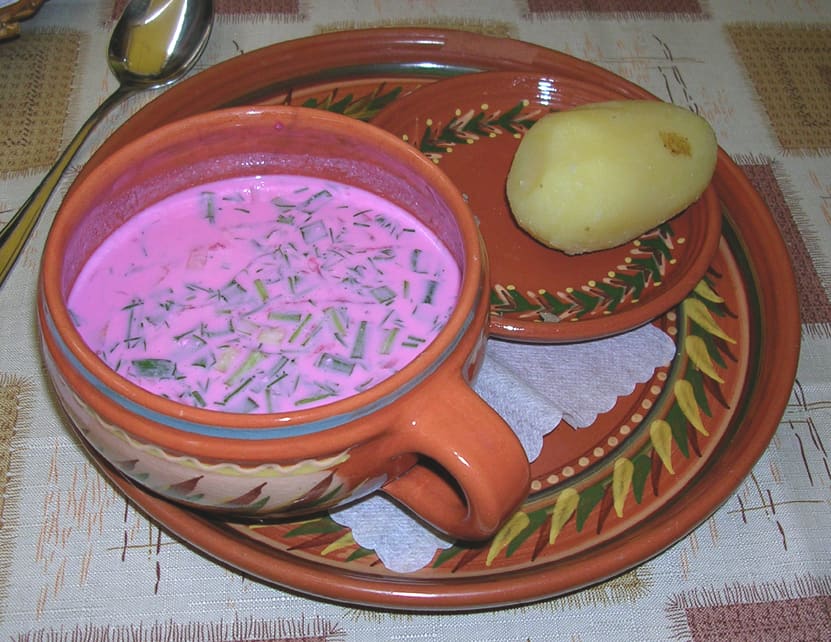 Cold beet soup served with boiled potatoes in Vilnius.