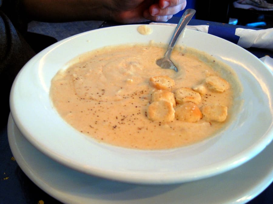 A rich bowl of traditional She-Crab Soup drizzled with sherry.
