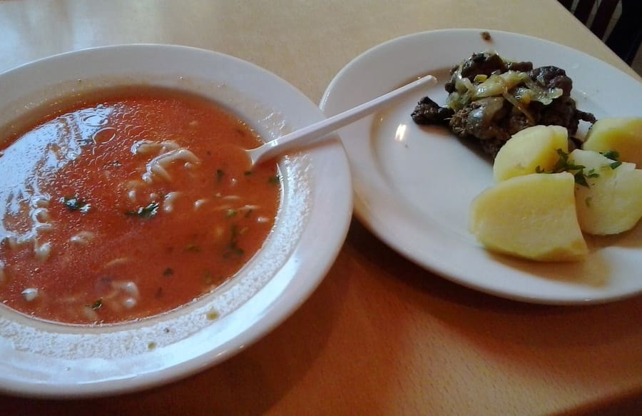 Traditional pierogi and soup served at a classic Warsaw milk bar.