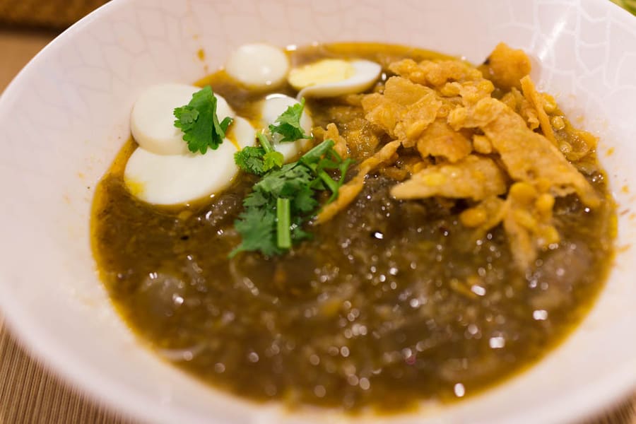Mohinga is Myanmar's unofficial national dish, eaten mostly at street side stands in early morning.